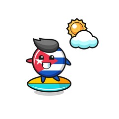 Illustration of cuba flag badge cartoon do surfing on the beach