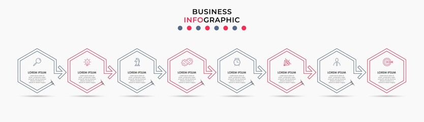 Vector Infographic design business template with icons and 8 options or steps. Can be used for process diagram, presentations, workflow layout, banner, flow chart, info graph
