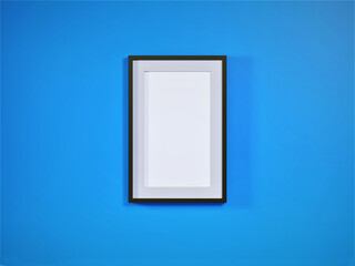 Interior space with wall photo frame hanging, Minimal blue wall elevation 3d rendering illustration.