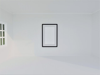 Interior space with wall photo frame hanging, Minimal white wall, floor, ceiling 3d rendering illustration.