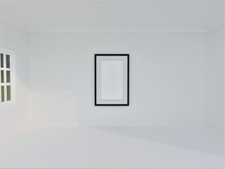 Interior space with wall photo frame hanging, Minimal white wall, floor, ceiling 3d rendering illustration.