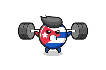 cuba flag badge mascot cartoon with a barbell