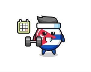 cuba flag badge mascot cartoon doing fitness with dumbbell