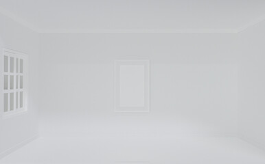 Interior space with wall photo frame hanging, Minimal white wall, floor, ceiling 3d rendering illustration.