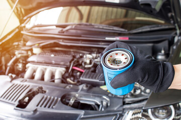 Close up hand a man put oil filter for car maintenance concept in engine room