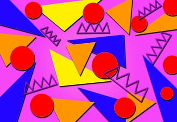 Vintage and abstract 90s background, with shapes, triangles, circles and abstract shapes