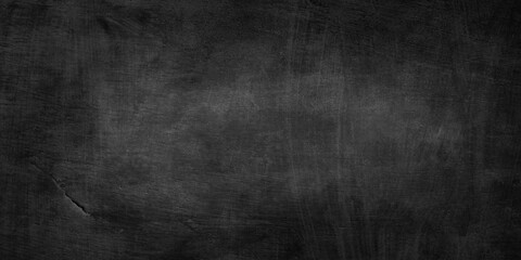 Blank wide screen Real chalkboard background texture in college concept for back to school panoramic wallpaper for black friday white chalk text draw graphic. Empty surreal room wall blackboard