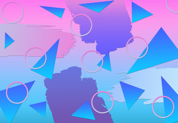 Vintage and abstract radial 90s background, with shapes, triangles and brushes