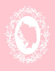 elegant fairy tale queen or princess wearing crown with rose flowers and butterfly among blooming branches - royal head portrait vector silhouette design