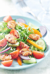Healthy Salad with Chicken Breast, Cherry Tomatoes, Cucumber, Orange Pepper, Endive and Red Onion. Close up.