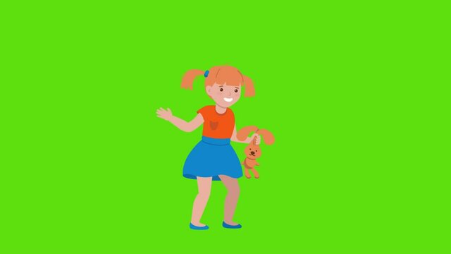 A little girl with a toy rabbit in her hand is walking, waving and smiling . Animation of an illustration of a child on a green background .