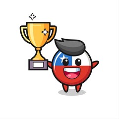 Cartoon Illustration of chile flag badge is happy holding up the golden trophy