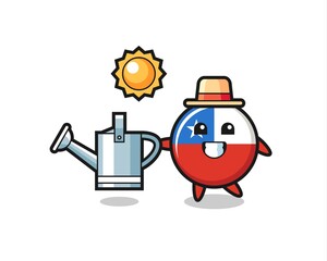 Cartoon character of chile flag badge holding watering can