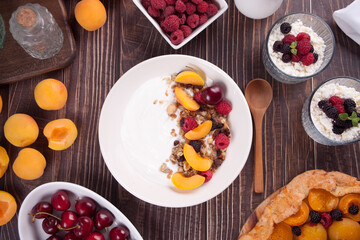 cottage cheese and yougurt with granola, berries and fruits apricot for healthy breakfast.