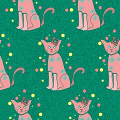 Fun Pink Cat Vector Repeat Pattern On A Decorative Green Backdrop
