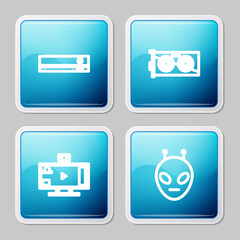 Set line Video game console, graphic card, Live streaming online and Alien icon. Vector