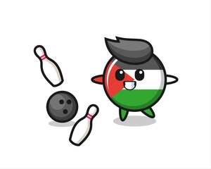 Character cartoon of palestine flag badge is playing bowling
