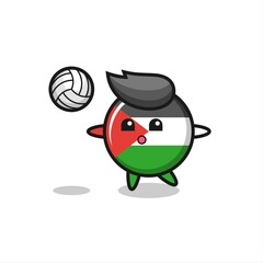 Character cartoon of palestine flag badge is playing volleyball