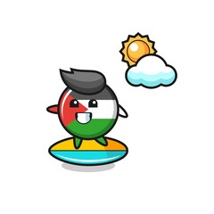 Illustration of palestine flag badge cartoon do surfing on the beach