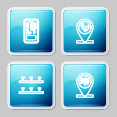 Set line Smart control farming system, Chicken and location, Automatic irrigation sprinklers and Location tree icon. Vector