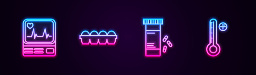 Set line Monitor with cardiogram, Chicken egg in box, Medicine bottle and pills and Medical digital thermometer. Glowing neon icon. Vector