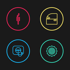 Set line Oil filler cap at gas station, Car wheel, door and muffler icon. Vector