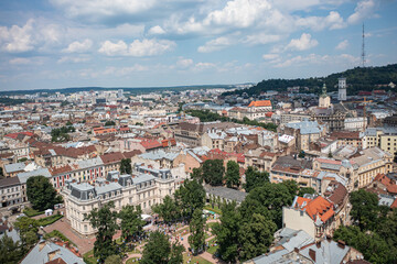 Fototapeta premium Leopolis Jazz Fest 2021. Stage near Potocki palace. Picnic zone. Aerial view from drone