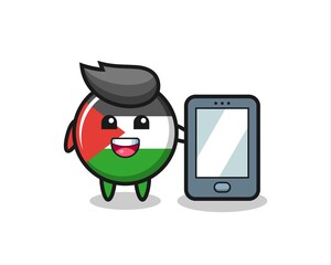 Fototapeta premium palestine flag badge illustration cartoon holding a smartphone