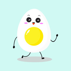 Vector illustration of egg character with cute expression, walking, happy adorable easter egg isolated on white background, simple minimal style, boiled egg for mascot collection, emoticon
