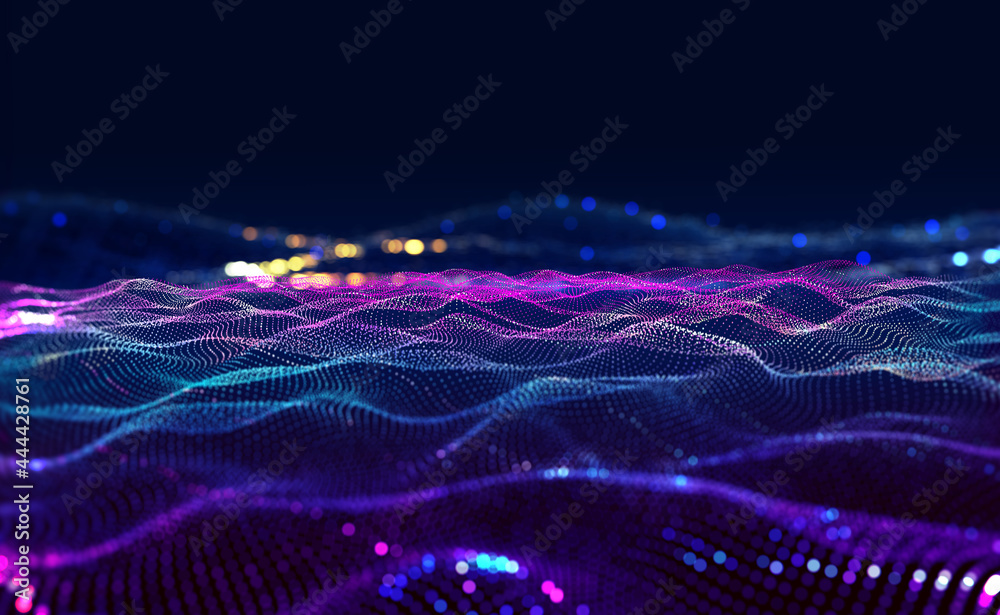 Poster Cyberdata flow. Blockchain data fields. Cyberspace. Digital generation, electronic field, processed data waves, big data analytics. 3D illustration music waves