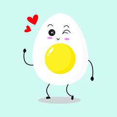 Obraz premium Vector illustration of egg character with cute expression, lovely wink, adorable easter egg isolated on white background, simple minimal style, boiled egg for mascot collection, emoticon with love