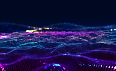 Cyberdata flow. Blockchain data fields. Cyberspace. Digital generation, electronic field, processed data waves, big data analytics. 3D illustration music waves