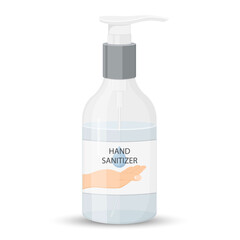 Hand sanitizer bottle isolated with pump. Washing alcohol gel used against viruses, bacteria, flu, coronavirus. Waterless hand cleaner. Handwashing. Vector illustration, flat design