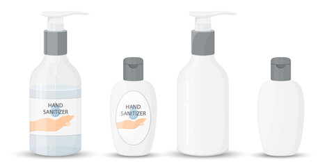 Hand sanitizer bottle isolated with pump. Washing alcohol gel used against viruses, bacteria, flu, coronavirus. Waterless hand cleaner. Handwashing. Vector illustration, flat design