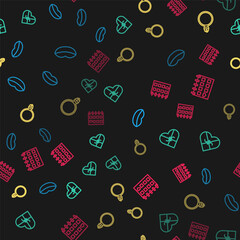 Set line Smiling lips, Candy heart shaped box, Diamond engagement ring and Calendar with on seamless pattern. Vector