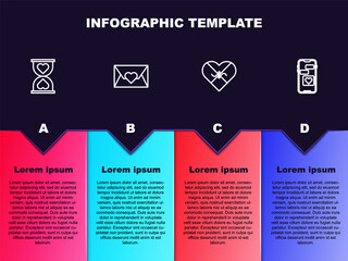 Set line Heart in the center hourglass, Envelope with Valentine heart, Candy shaped box and Mobile. Business infographic template. Vector