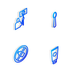 Set Isometric line Disposable plastic spoon, Nature saving protest, No bottle and Cream cosmetic tube icon. Vector