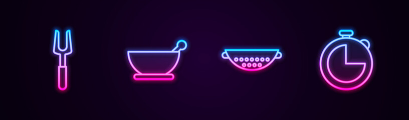 Set line Barbecue fork, Mortar and pestle, Kitchen colander and timer. Glowing neon icon. Vector
