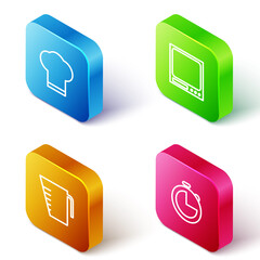 Set Isometric line Chef hat, Electronic scales, Measuring cup and Kitchen timer icon. Vector