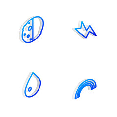 Set Isometric line Lightning bolt, Eclipse of the sun, Water drop and Rainbow icon. Vector