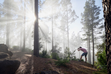 Photographer in foggy forest. Young man during photographing trees in beautiful light. Tenerife, Canary Islands, Spain..