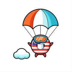 malaysia flag badge mascot cartoon is skydiving with happy gesture
