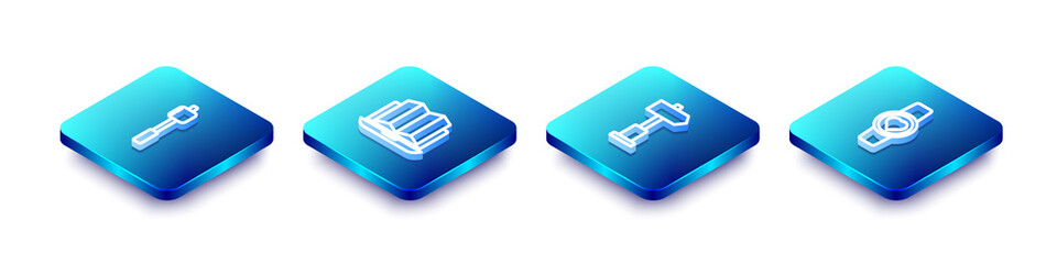 Set Isometric line Marshmallow on stick, Location of the forest in laptop, Road traffic signpost and Smart watch showing heart beat rate icon. Vector