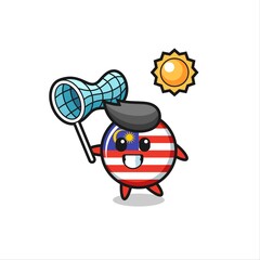 malaysia flag badge mascot illustration is catching butterfly