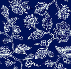 Vector seamless pattern with line drawn stylized leaves and flowers of exotic plants. Ethnic colorful doodle texture. Mehndi design.  Curved doodling background