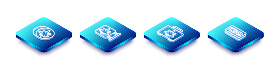 Set Isometric line Herbal ecstasy tablets, Marijuana and cannabis store, Shopping box of marijuana and Cannabis molecule icon. Vector