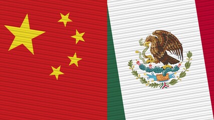Mexico and China Flags Together Fabric Texture Illustration Background