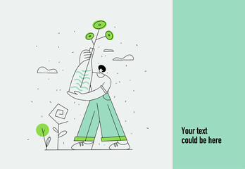 A cartoon character holding a large flower in a vase. Creative banner, advertisement, web page, poster for flower shop, nature care concept, environmental friendliness. Decor and interior design