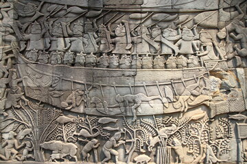Relief on the wall at Bayon, Cambodia