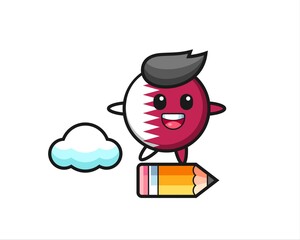 qatar flag badge mascot illustration riding on a giant pencil